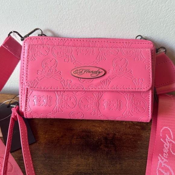 Ed Hardy Handbags - Ed Hardy Vibrant Pink Skull Embossed Crossbody Bag Wallet with Wristlet NWT